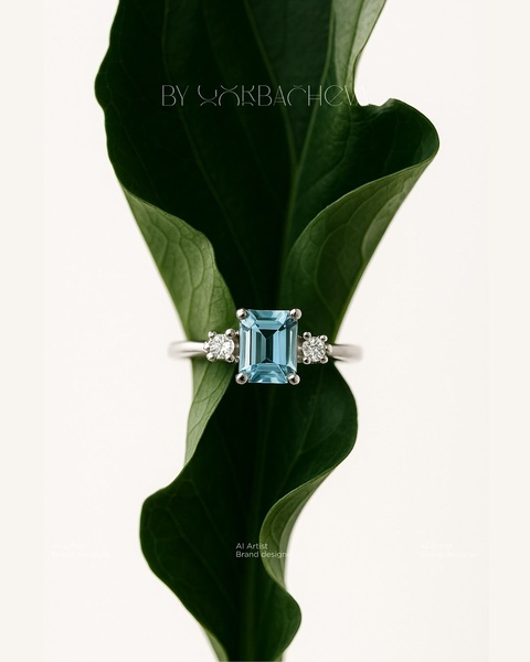 A close-up photograph featuring an emerald-cut ring placed delicately on a green leaf against a clean white background.