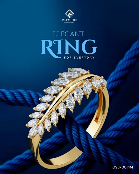 This creative showcases a gold marquise-cut ring resting against deep blue rope, emphasizing luxury through high-contrast textures.