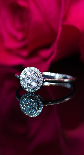 A high-definition close-up of a diamond engagement ring placed on a reflective surface against a soft-focus rose background.