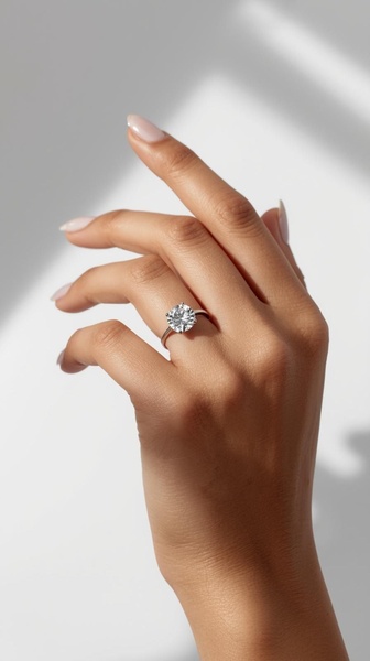 A high-contrast, clean close-up shot of a diamond ring on a hand, focusing on the product's clarity and elegance.