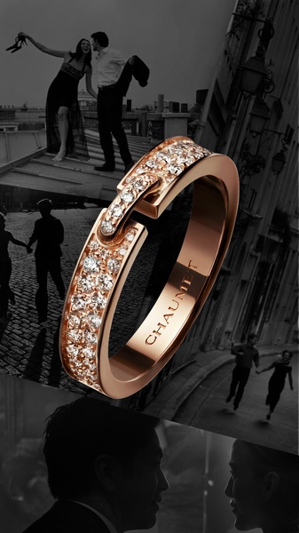 This creative showcases a diamond-encrusted ring in a rose gold setting, framed by nostalgic, high-contrast monochrome lifestyle imagery that evokes a sense of romantic luxury.