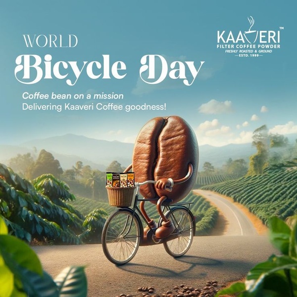 This creative features an anthropomorphized coffee bean riding a bicycle to represent the brand's commitment to delivery and freshness.