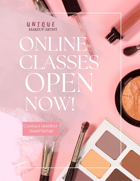 makeup classes, beauty courses, makeup artist training, online beauty classes, cosmetics tutorial, makeup workshop, product launch, brand awareness, flat lay, modern typography, playful, warm, pink, neutral