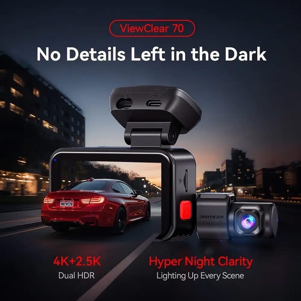 This creative highlights superior low-light performance using a high-contrast side-by-side comparison. The visual emphasizes real-world usage of the dash cam's night vision capability.
