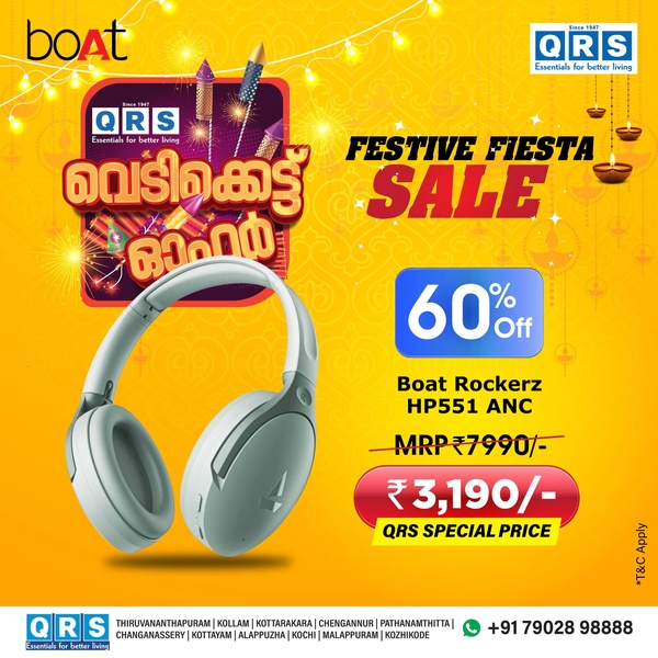 A high-visibility promotional graphic showcasing wireless headphones with a prominent discount percentage and a clear call-out for a special price.