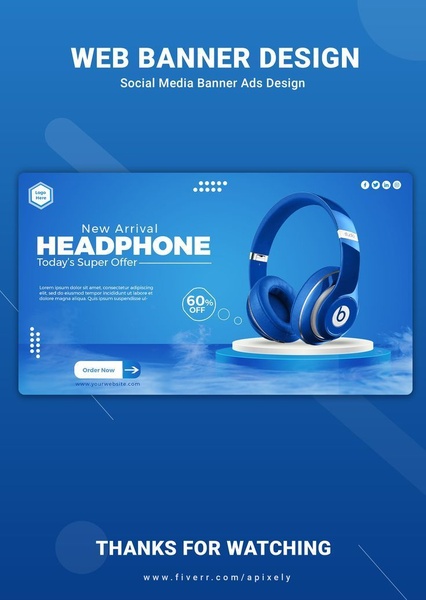 A clean, blue-toned banner ad featuring a headphone product centered on a 3D pedestal with a bold offer announcement.