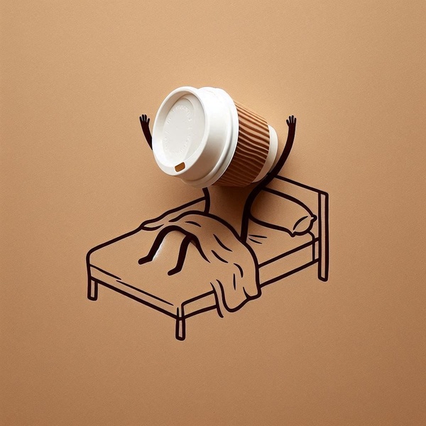 An illustrated line-art depiction of a coffee cup emerging from a bed, visually communicating the morning need for caffeine.