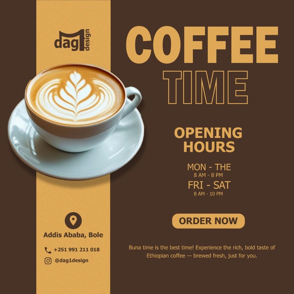 A clean, high-contrast promotional graphic for a local cafe featuring coffee photography, operating hours, and location details.