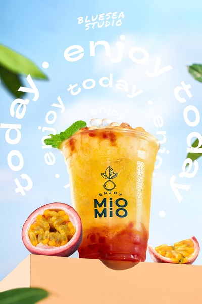 A vibrant, refreshing product hero shot of a passion fruit tea beverage served in a clear plastic cup, accented by sliced passion fruit.
