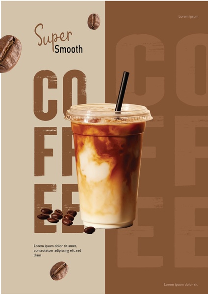 A high-contrast, professional-grade image featuring an iced coffee in a clear cup, emphasized by floating coffee beans and bold typography.