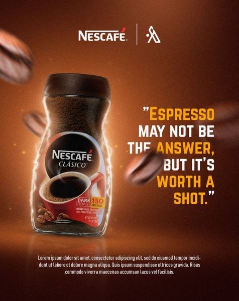 A high-quality product shot of an instant coffee jar surrounded by floating coffee beans against a rich, warm gradient background.