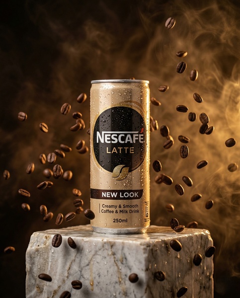 A high-end, premium product shot of a Nescafe Latte can surrounded by floating coffee beans and atmosphere-enhancing smoke.