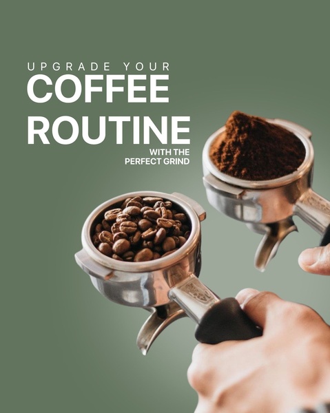 A high-contrast, minimalist shot showing two coffee portafilters—one with whole beans and one with grounds—to illustrate the grind process.