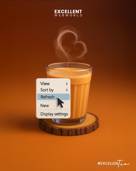 A glass of steaming hot tea is framed with a computer context menu overlay, using a 'refresh' cursor to suggest the drink as a revitalizing digital break.