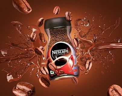 A high-impact product shot featuring a jar of instant coffee surrounded by dynamic coffee bean and liquid splashes against a warm brown background.