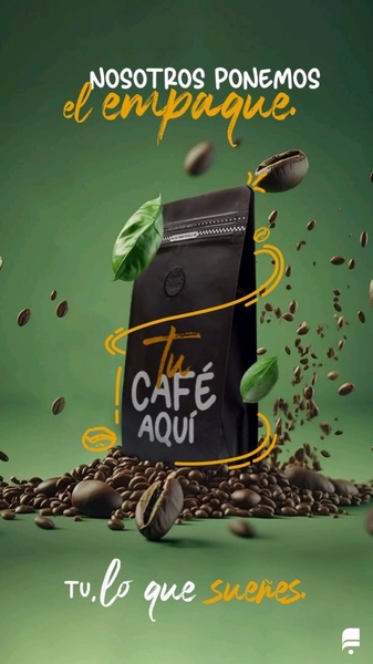 This creative showcases a premium coffee bag as the central focus, using floating coffee beans and leaves to create a sense of freshness and quality.