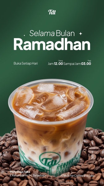 A vertically-oriented promotional image featuring an iced coffee beverage surrounded by coffee beans, highlighting Ramadan operating hours.