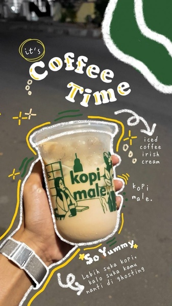 A close-up, hand-held shot of an iced coffee cup featuring playful text overlays and a conversational hook about coffee preferences.
