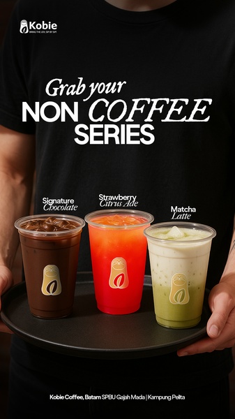 A close-up, high-contrast shot of a person holding a tray with three distinct non-coffee beverage options to highlight product variety.