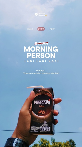 A vertical format ad showcasing a coffee pack against a bright sky, challenging the notion that rest is the only solution for fatigue.