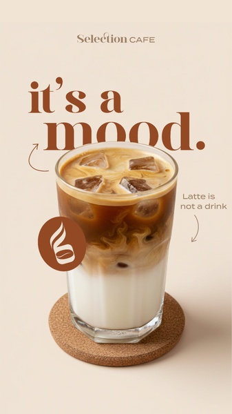 A minimalist, aesthetic-focused ad featuring an iced latte with a bold, lifestyle-oriented headline that positions the drink as an experience.