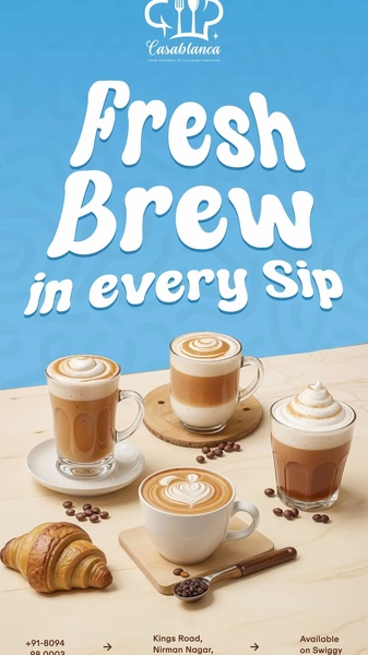 A high-quality 9:16 vertical creative featuring multiple coffee drinks and a pastry on a clean wooden surface, emphasizing the sensory experience of a fresh brew.