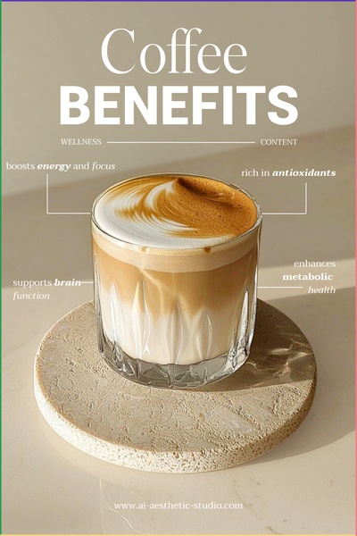 A clean, minimalist product shot of a coffee latte with annotated wellness benefits like energy, focus, and antioxidant content.