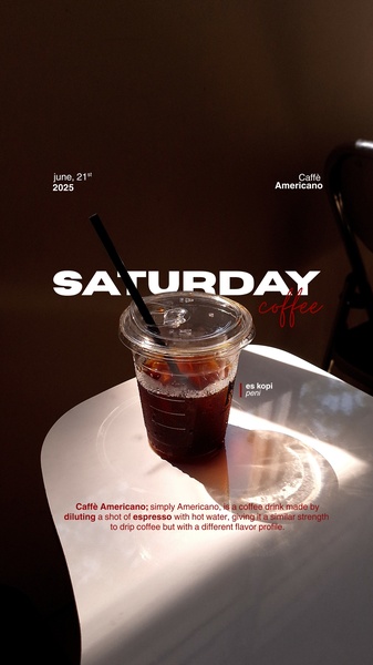 A minimalist, high-contrast lifestyle photograph of an iced Americano in a clear cup on a white table, capturing a Saturday coffee vibe.