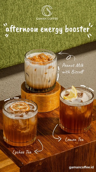 A high-quality lifestyle shot featuring three distinct iced beverage options with handwritten-style labels for a refreshing afternoon mood.