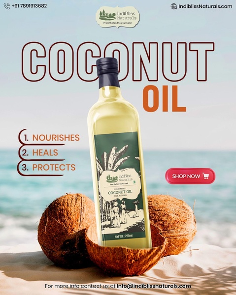 This 4:5 vertical ad uses a clean, product-centric composition with a clear numbered list of benefits to highlight the natural qualities of coconut oil.