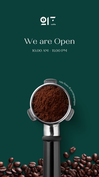 A clean 9:16 vertical creative showing an espresso portafilter filled with grounds against a solid dark green background, highlighting store hours and brand presence.
