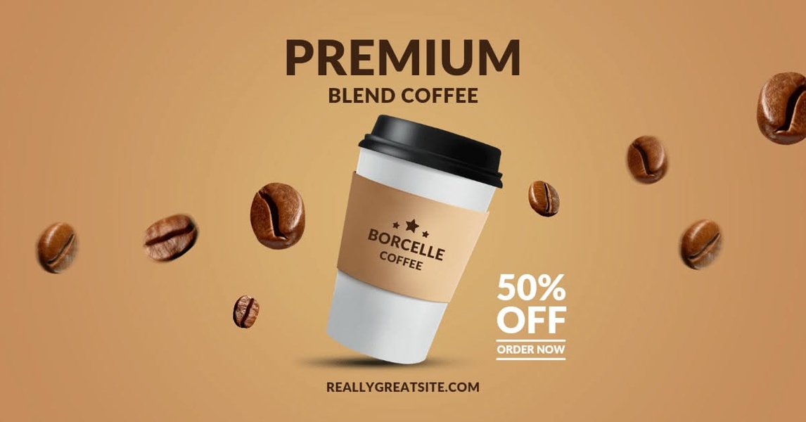 A clean, minimalist product advertisement featuring a premium coffee cup floating amidst roasted coffee beans against a solid light-brown background.
