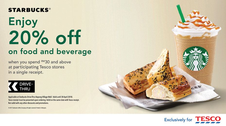 A clean, brand-aligned offer highlighting a 20% discount on coffee and food when a minimum spend is met at a partner retailer.