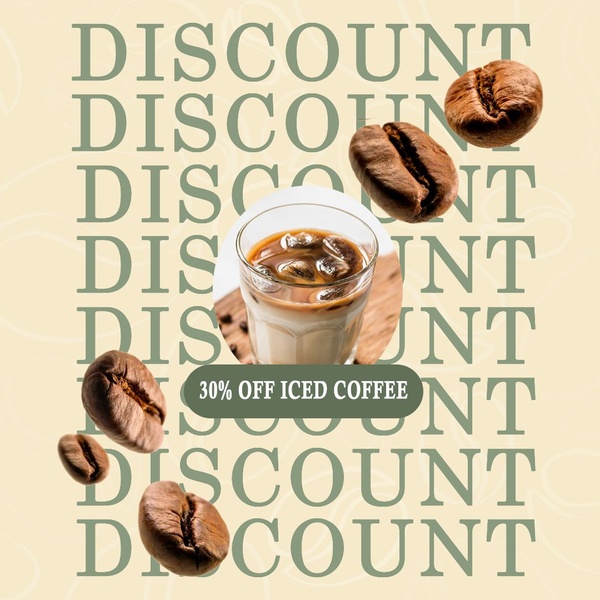 A high-contrast, clean advertisement featuring a glass of iced coffee surrounded by floating coffee beans and a repeating discount background.