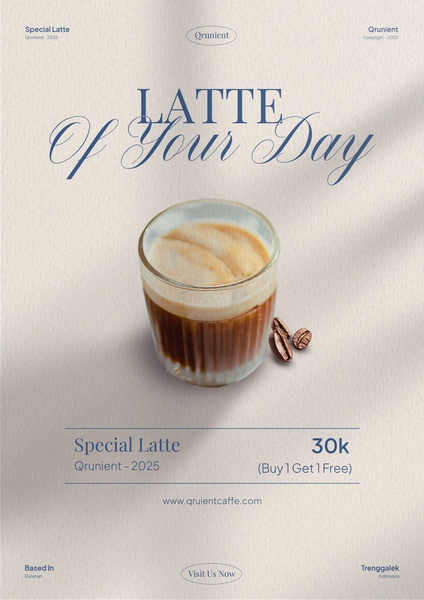 A minimalist, high-quality photograph of a single latte in a textured glass, highlighting a BOGO offer with soft neutral aesthetics.