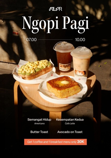A high-contrast, sunlit product shot featuring a coffee and toast combo with a time-limited pricing incentive.