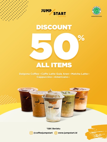 A high-contrast promotional graphic featuring a large 50% discount callout and five distinct coffee beverage options arranged in the foreground.