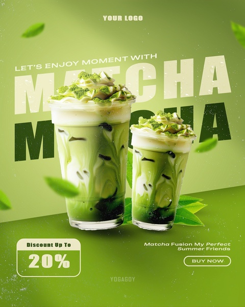 A vibrant, refreshing product ad showcasing two iced matcha lattes with a 20% discount offer, set against a bright, verdant green background to drive summer sales.