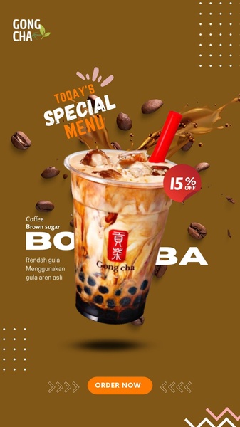 A vertical 9:16 promotional ad featuring a coffee boba drink with brown sugar and a 15% discount offer.