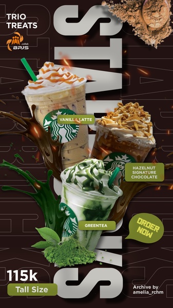 A high-energy beverage promotional graphic featuring a vanilla latte, hazelnut signature chocolate, and greentea in a 9:16 vertical layout.