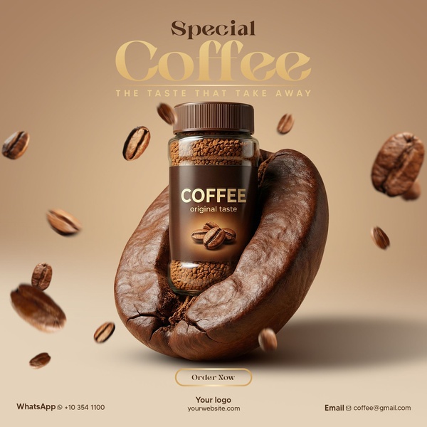 A high-quality studio shot of a coffee jar nestled within a giant coffee bean, emphasizing premium texture and visual depth.