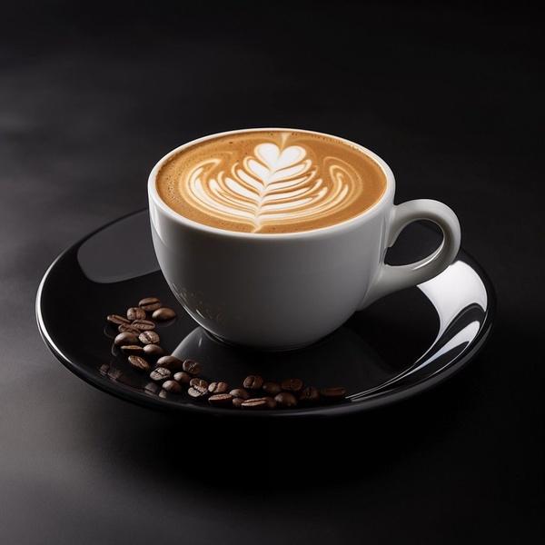 A high-quality image of a coffee latte with detailed latte art in a ceramic cup, set against a stark, moody dark background with scattered coffee beans.