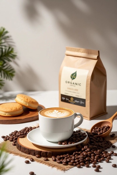 A high-quality product hero shot featuring organic coffee beans, a fresh latte, and a branded bag on a minimalist wooden setting.
