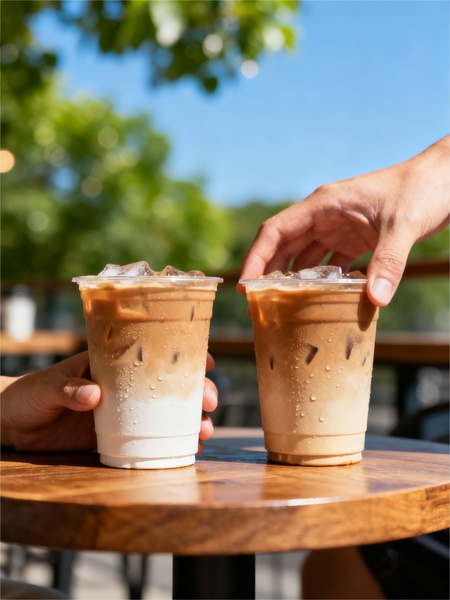 Two iced coffee drinks are held up against a sunny outdoor backdrop, emphasizing a refreshing lifestyle moment.