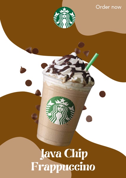 A high-contrast hero shot of a Java Chip Frappuccino with chocolate chips suspended in the air against a minimalist brown background.