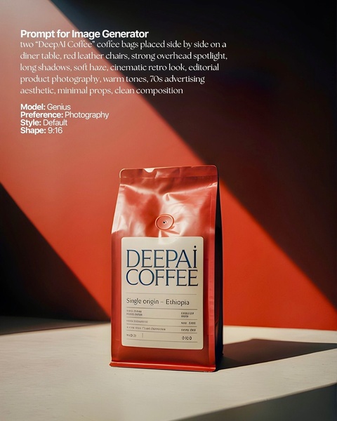 A high-end, cinematic product shot of a single origin coffee bag placed on a diner table with dramatic overhead lighting and warm 70s-style color grading.