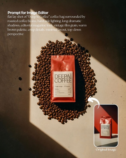 A high-end editorial shot of a coffee bag surrounded by roasted beans, utilizing dramatic side lighting to create depth and texture.