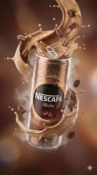 A high-energy, vertical ad creative featuring a can of mocha coffee surrounded by a dramatic liquid splash and floating coffee beans.