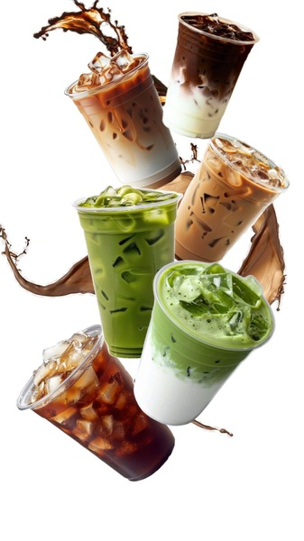 A high-energy composition featuring various iced beverages and matcha lattes suspended in mid-air with dynamic liquid splashes.