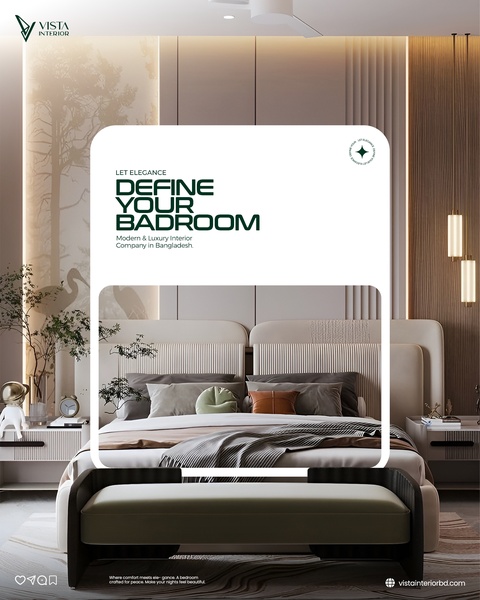 A high-end bedroom interior design ad utilizing a minimalist framed layout to highlight furniture elegance and sophisticated lighting.